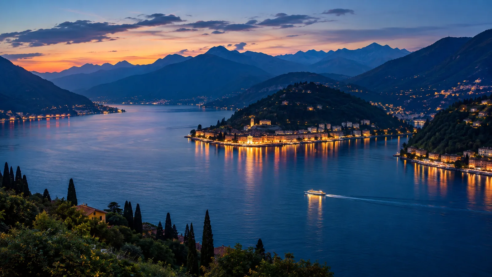 Lake Como at dusk with the lights of Bellagio on the water