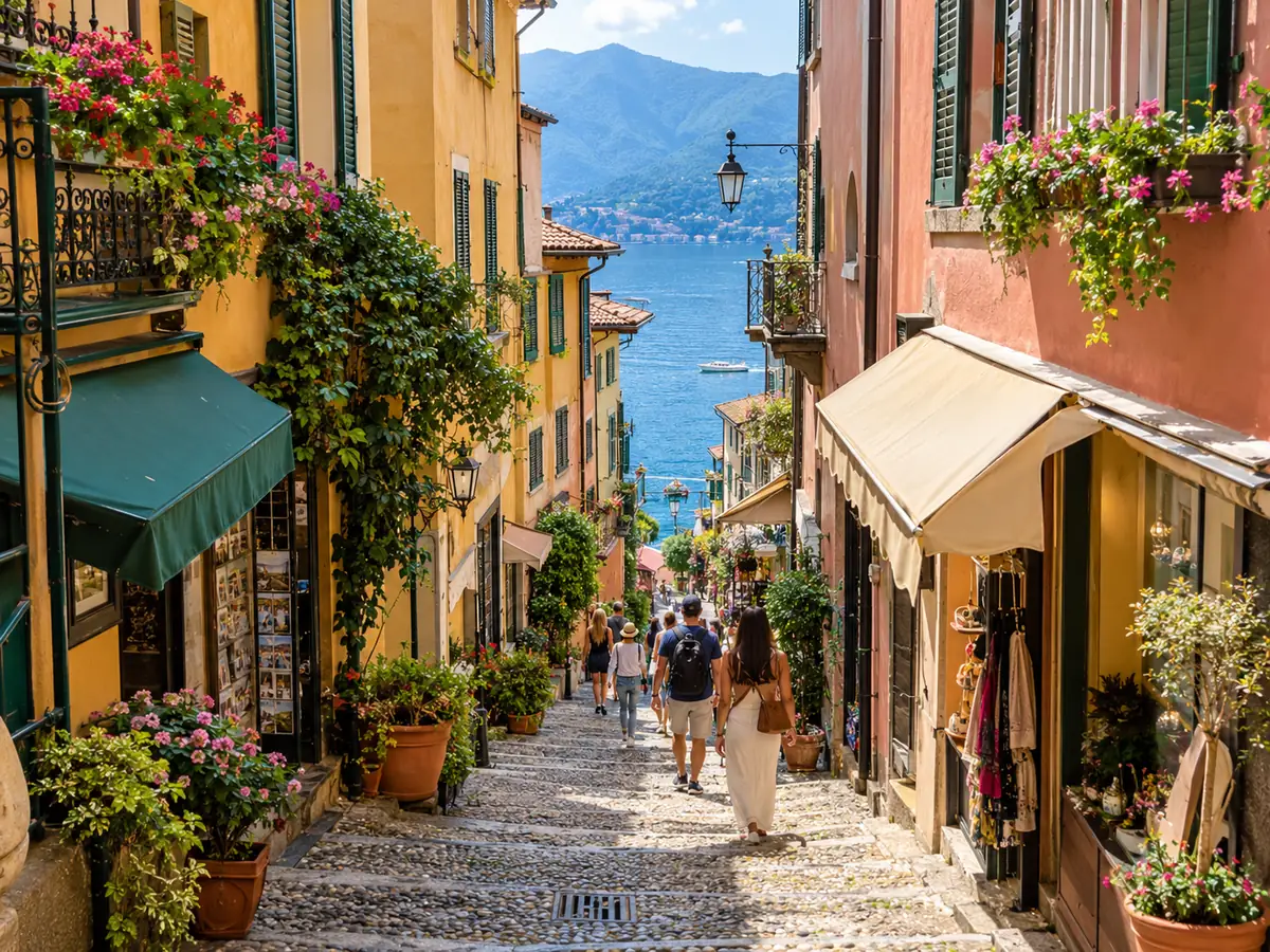 Stepped cobbled lane between pastel houses in Bellagio