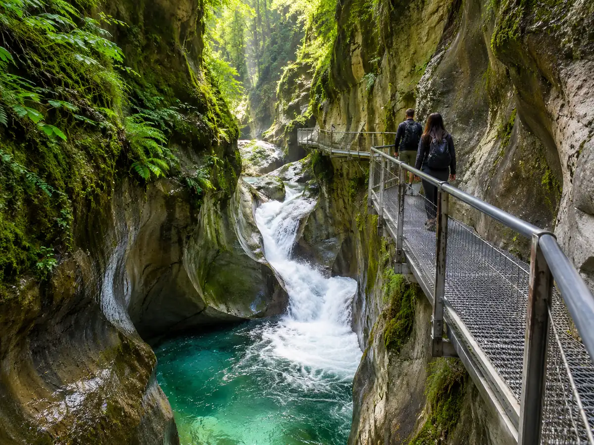 Walkway above a waterfall in a narrow gorge near Lake Como
