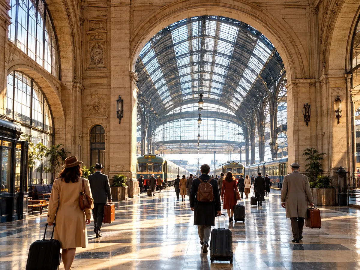 Grand arched departure hall of a Milan railway terminus
