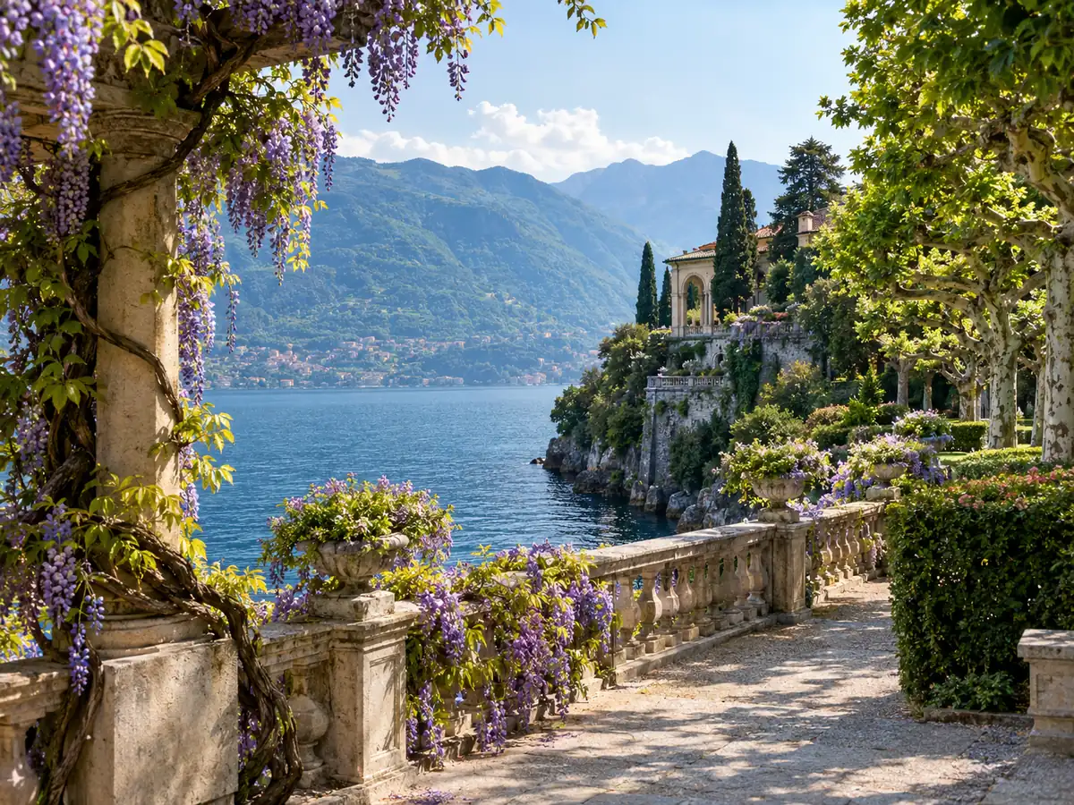 Wisteria-covered terrace of a lakeside villa garden on Lake Como