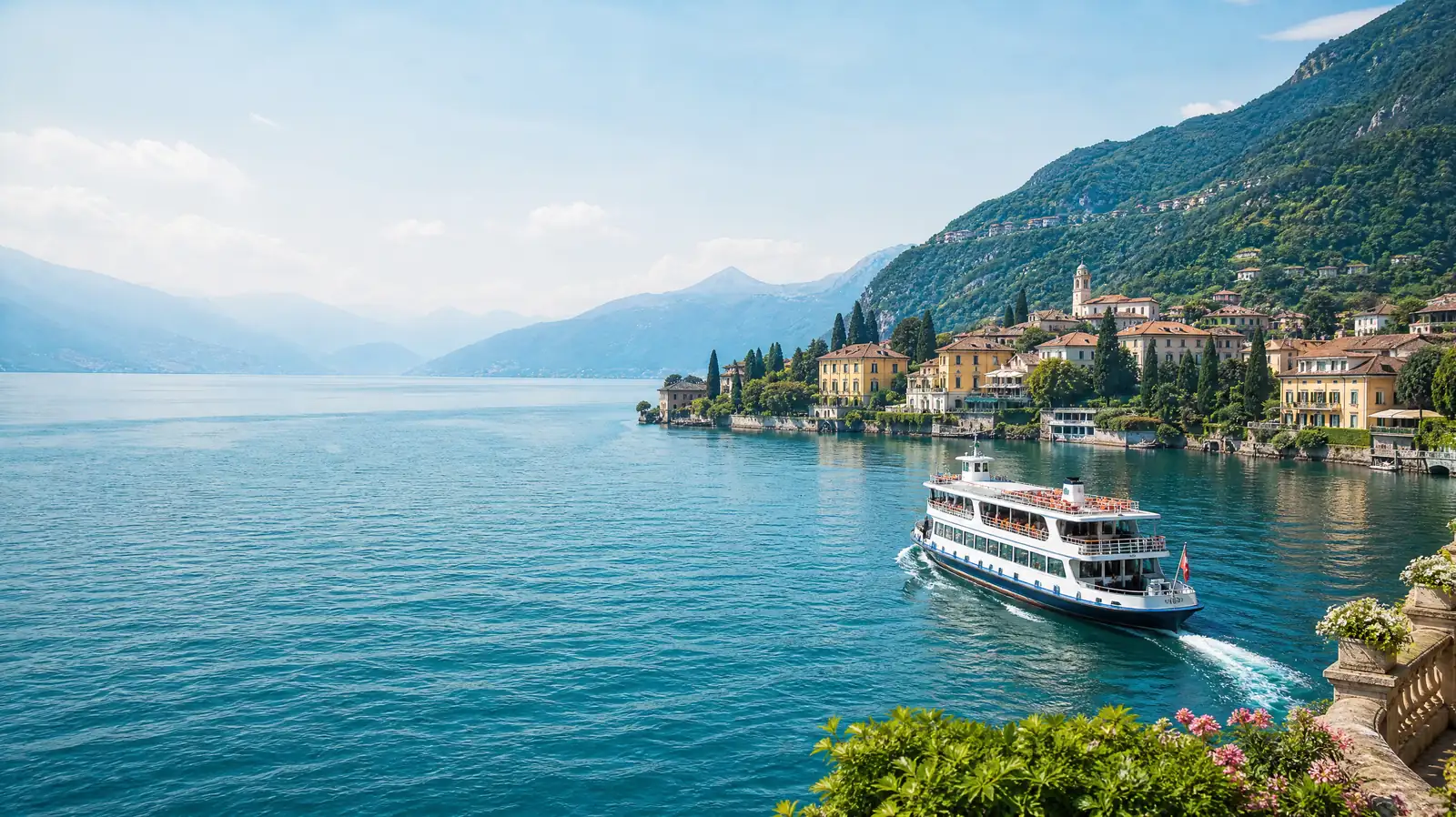 Passenger ferry crossing Lake Como toward the pastel villas of Bellagio